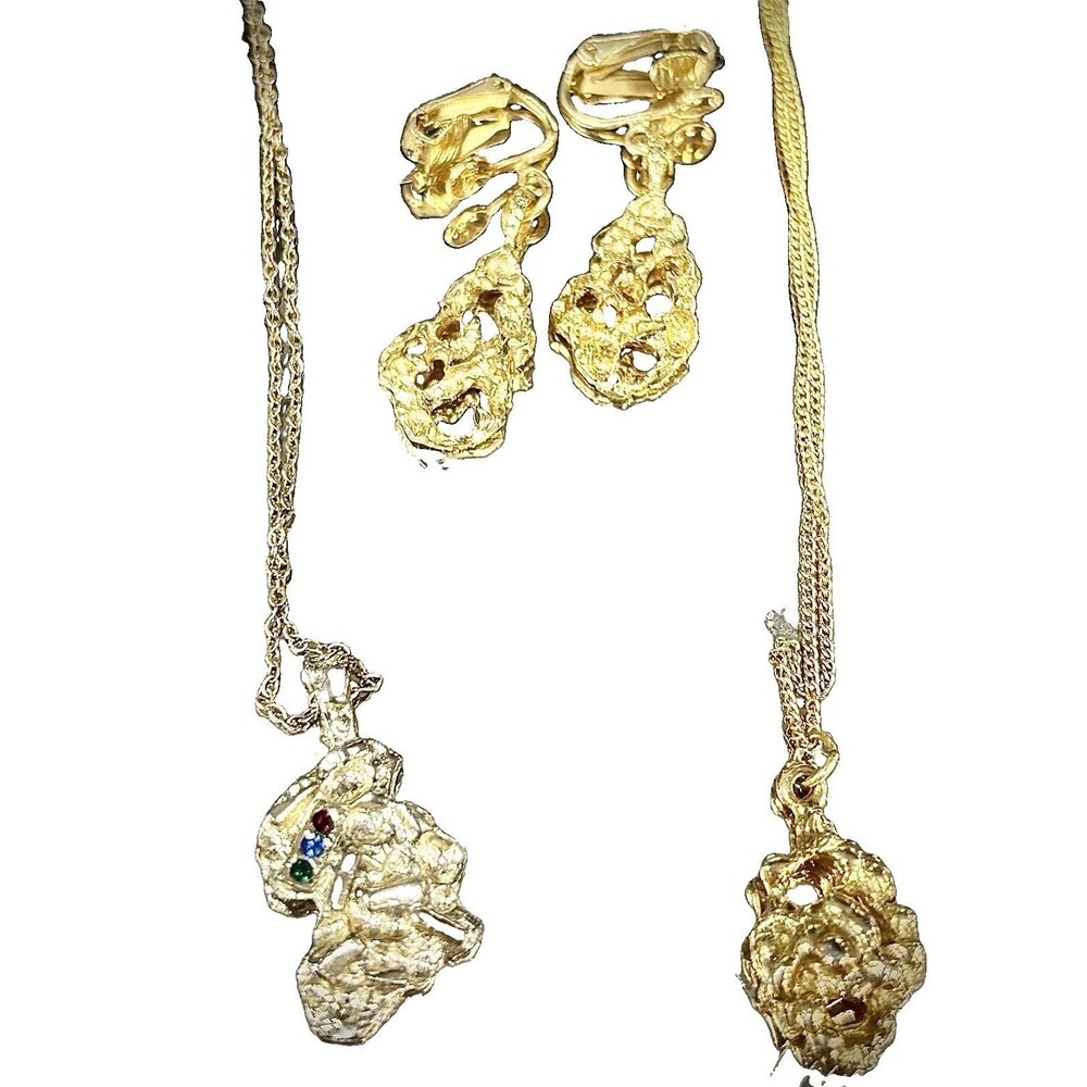 Vintage Gold Nugget Style Jewelry Lot Earrings Necklaces Abstract Chunky Retro